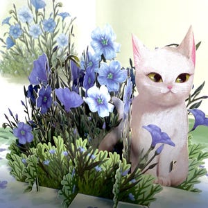 Wild Blue Flax Flower Garden with a White Cat 3D Pop Up Greeting Card Happy Birthday Origami Pop Cards Shop https://origamipopcards.com/