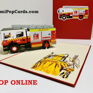 Carte de voeux pop-up 3D pour camions de pompiers australiens, joyeux anniversaire, amour fait main par Origami Pop Cards https://origamipopcards.com/