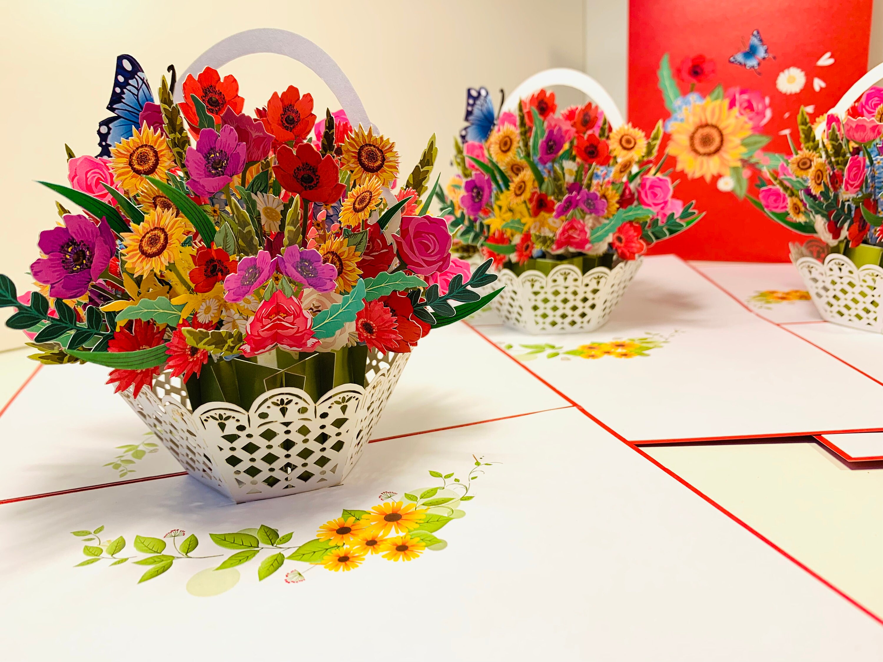 RED Spring Colourful Flower Basket 3D Pop up Greeting Card Happy ...