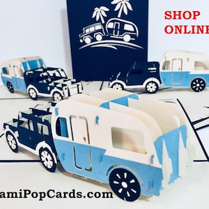 Allradanhänger Wohnwagen in Blau - Erstellt von Origami Pop Cards Sydney 3D Papier Pop Up Karten - OrigamiPopCards.com Hand Made With Love