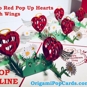 Zwei Rote Pop Up Herzen mit Flügeln - Erstellt von Origami Pop Cards 3D Papier Pop Up Karten - OrigamiPopCards.com Hand Made with Love