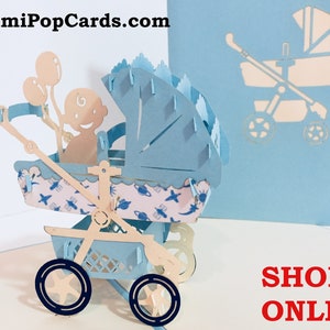 Kinderwagen Blau 3D Geburtstags Grußkarte Origami Handmade Geburtstagseinladungskarte SYDNEY SHOP ONLINE https://origamipopcards.com/