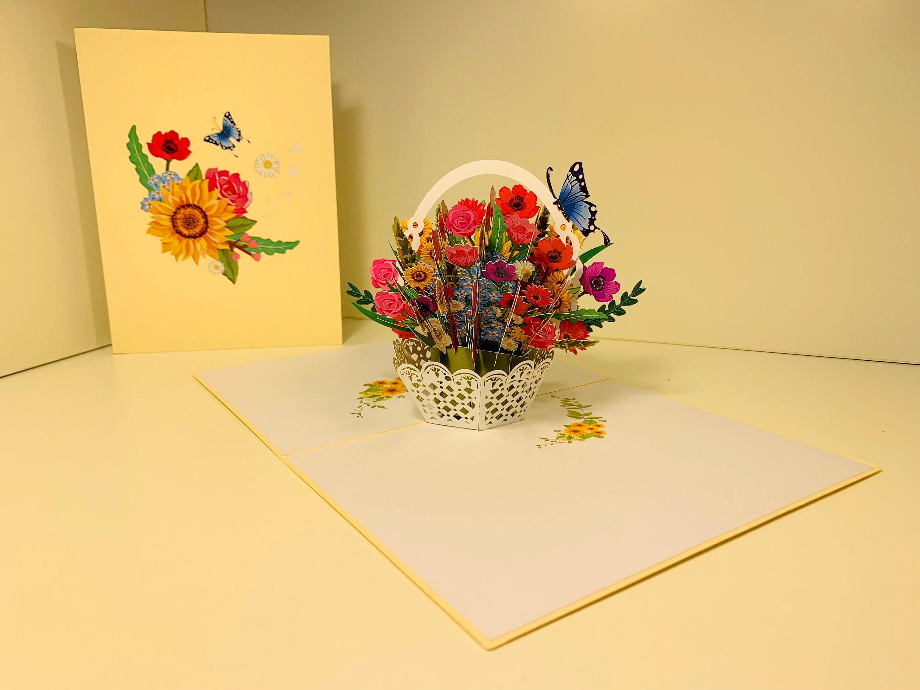 CREAM Spring Colourful Flower Basket 3D Pop up Greeting Card Happy ...