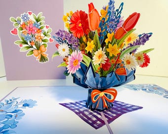 Spring Pink Purple Mixed Daisy Flower Bouquet Happy Birthday Handmade - 3D Pop Up Greeting Card Shop Online https://origamipopcards.com/