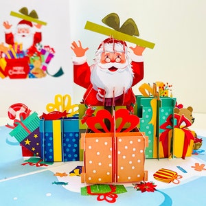 Santa Claus with Christmas Presents ~ 3D Pop Up Greeting Card Merry Christmas Greetings Handmade Shop Online https://origamipopcards.com/