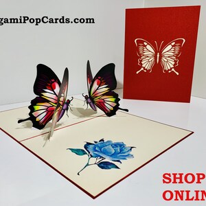 Rot rosa Schmetterlinge Karte - erstellt von Origami Pop Cards Sydney Australia 3D Papier Pop Up Karten - OrigamiPopCards.com Hand Made With Love