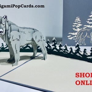 Tarjeta de lobo salvaje - Creada por Origami Pop Cards Sydney Australia Tarjetas desplegables de papel 3D - OrigamiPopCards.com Hecho a mano con amor