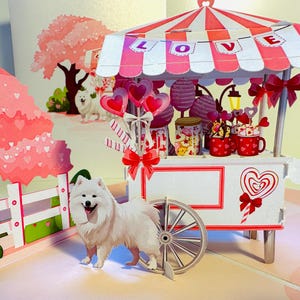 Samoyed Dog with a LOVE Lollipop Cart 3D Pop Up Greeting Card - Perfect for Dog Lovers Handmade Shop Online https://origamipopcards.com/