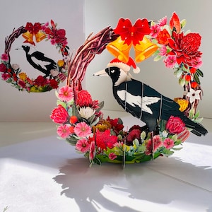 Joyeux Noël, pie australienne et couronne de fleurs indigènes australiennes, carte de voeux 3D pop-up, boutique en ligne https://origamipopcards.com/