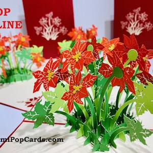 Rot blühender Weihnachtsstern-Strauch Karte - Erstellt von Origami Pop Cards Sydney - 3D Papier Pop Up Karten - OrigamiPopCards.com Hand Made With Love