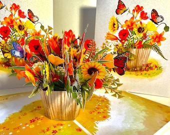 Autumn Flowers in Bucket with Butterflies 3D Pop Up Greeting Card Happy Birthday Origami Pop Cards Shop Online https://origamipopcards.com/