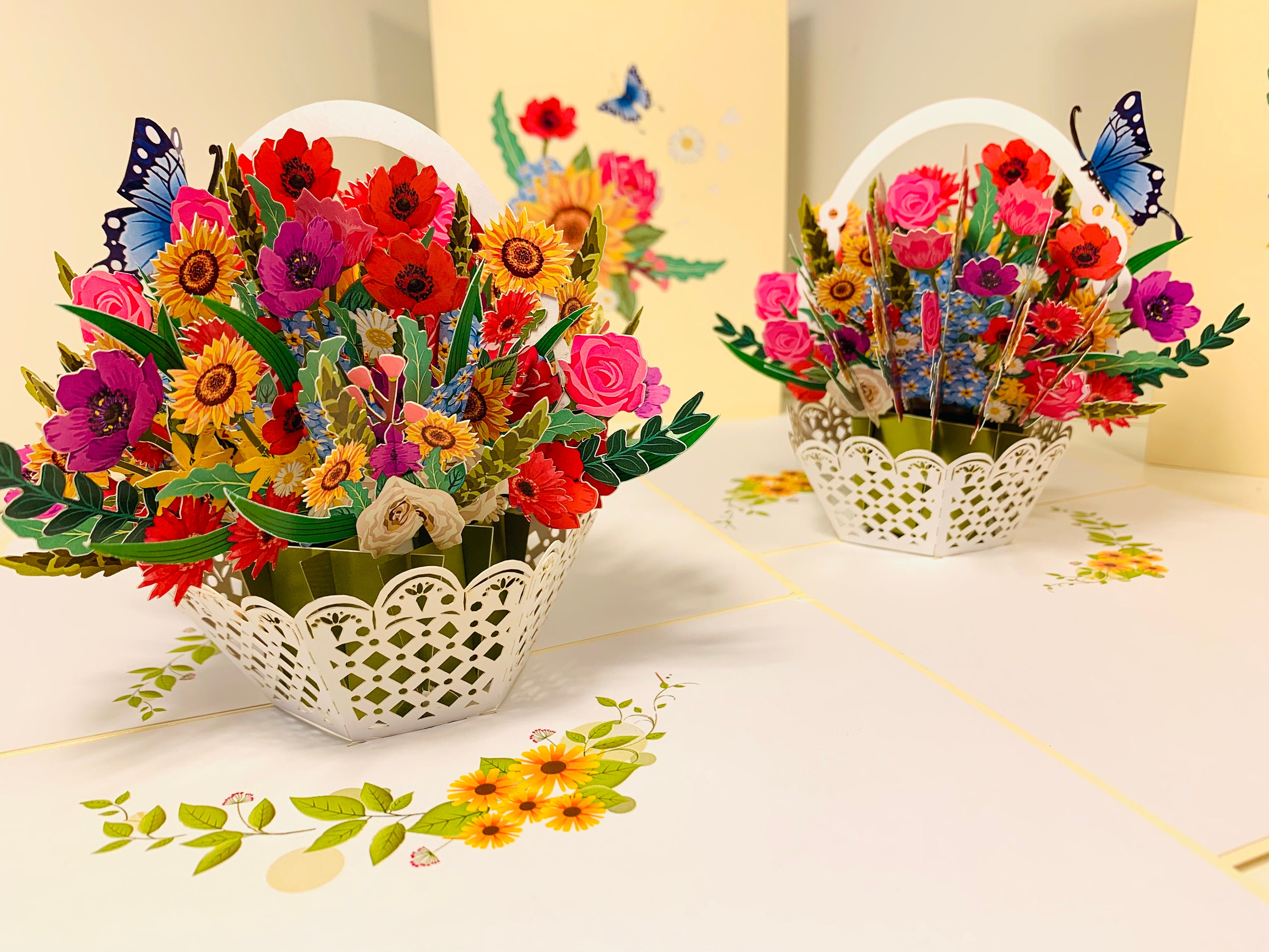 CREAM Spring Colourful Flower Basket 3D Pop up Greeting Card Happy ...