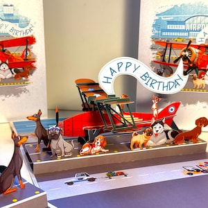 Happy Birthday Antique Flugzeug & Hunde - Pelzige Gefährten 3D Pop Up Grußkarte Origami Pop Cards Shop Online https://origamipopkarten.de/