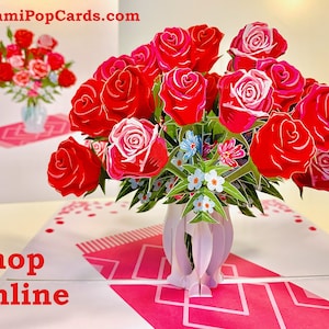 Buquê Sensacional de Rosas Vermelhas e Rosas em um Vaso - Criado por Origami Pop Cards Cartões Pop-Up 3D - OrigamiPopCards.com Dia das Mães Aniversário