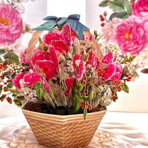 Hot Pink & White Peony Rose Basket Happy Birthday Pop Up Greeting Card Handmade Origami Pop Cards Shop Online https://origamipopcards.com/