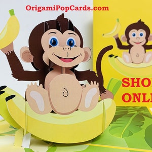 Carte de voeux pop-up 3D anniversaire Cheeky Monkey Go Bananas Cartes pop origami joyeux anniversaire faites main BOUTIQUE EN LIGNE https://origamipopcards.com/