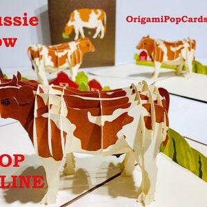 Australische Kuh in Braun-Weiß-Karte - erstellt von Origami Pop Cards Sydney - 3D Papier Pop Up Karten OrigamiPopCards.com Hand Made With Love