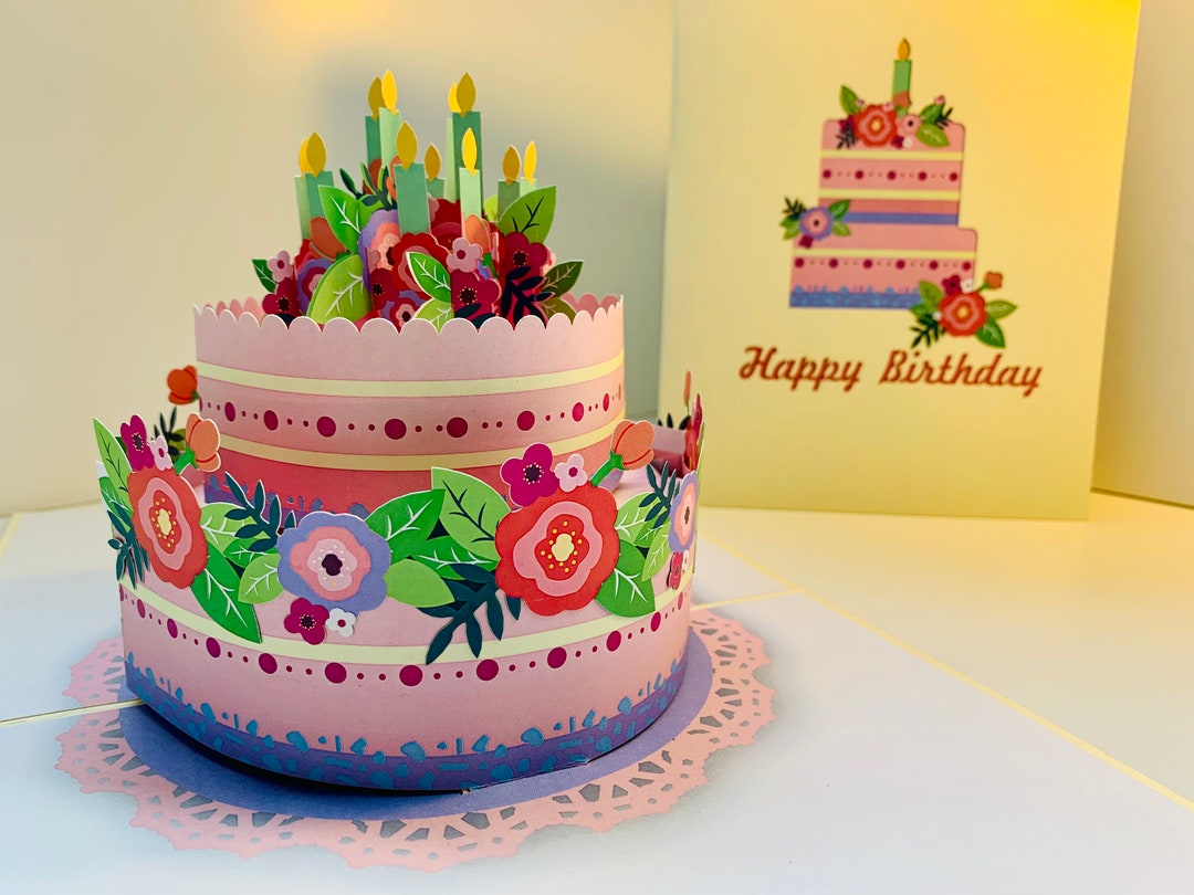 Gorgeous Happy Birthday Cake With Rose Pink & Purple Flowers 3D Pop up ...