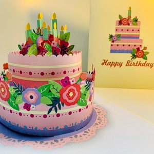 Gorgeous Happy Birthday Cake with Rose Pink & Purple Flowers 3D Pop Up Greeting Card Handmade with Love Shop https://origamipopcards.com/
