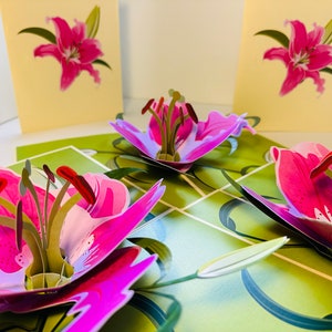 Puede incluir: Tarjetas de felicitación emergentes con vibrantes lirios rosas con estambres rojos y hojas verdes. Las flores 3D se colocan sobre un fondo con patrones verdes y blancos, con ilustraciones de lirios a juego en las tarjetas adjuntas. Un diseño floral único.