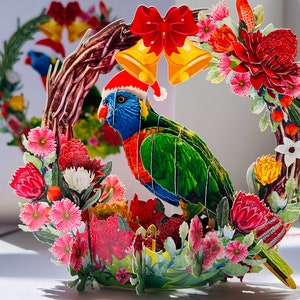 Merry Christmas Australian Bird Rainbow Lorikeet & Native Flower Wreath 3D Pop Up Greeting Card Shop Online https://origamipopcards.com/
