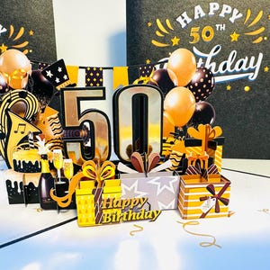 50th Golden Happy Birthday with Presents Cakes & Balloons Pop Up Greeting Card Handmade with Love Shop Online https://origamipopcards.com/