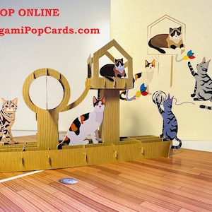 Wooden Cat Tree Purrrfect Birthday Card for All Crazy Cat Lovers Handmade - 3D Pop Up Greeting Card Shop Online https://origamipopcards.com/