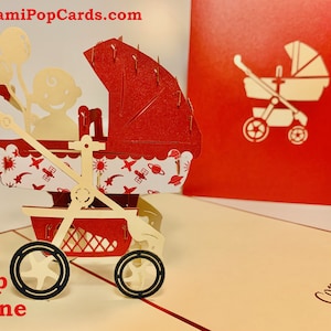 Pop-upwenskaart kinderwagen in rood - pop-upkaarten gemaakt door Origami 3D-pop-upkaarten - OrigamiPopCards.com Verjaardagskaart pasgeborene