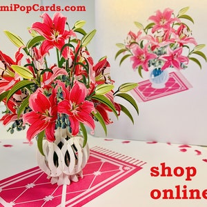 Cartão pop-up com lírios orientais rosa exuberantes em um vaso - Criado por Origami Pop Cards Cartões pop-up 3D - OrigamiPopCards.com Dia das Mães Aniversário