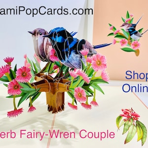 Casal de periquitos, fada soberba, carriça azul, pássaro australiano, cartão de felicitações 3D pop-up, cartões de feliz aniversário de origami pop https://origamipopcards.com/