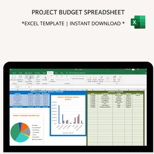 May include: A screenshot of a computer screen showing an Excel spreadsheet with a project budget template. The spreadsheet includes sections for project overview, budget tracking, project spending versus budget, expense tracker, and project spending distribution. The spreadsheet also includes a pie chart and a bar graph.