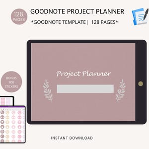 May include: A digital tablet screen displaying a pink and white GoodNotes project planner template. The template has a title that says "Project Planner" and a white line for writing. The screen is surrounded by a black frame. The image also includes a smaller image of a set of stickers.