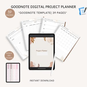 May include: A digital project planner template for GoodNotes, featuring 39 pages with a minimalist design. The template includes a project timeline, weekly planner, monthly calendar, and project details pages. It also includes 800 bonus stickers.