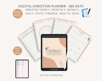 Könnte beinhalten: Digitaler christlicher Planer mit 552 Seiten, undatiert, jährlich, monatlich, wöchentlich, täglich, Glaube, Finanzen, Gesundheit und Zielen. Der Planer wird auf einem Tablet mit einem floralen Design und dem Text "Life Planner" angezeigt.
