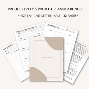 Peut inclure: Un ensemble de pages de planificateur imprimables avec le texte "PRODUCTIVITY & PROJECT PLANNER BUNDLE". Les pages incluent des calendriers de projet, des jalons et une couverture "My Planner". Les pages sont au format PDF, A4, A5, Lettre et Demi.