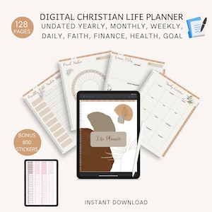 May include: Digital Christian Life Planner with 128 pages. Undated yearly, monthly, weekly, daily, faith, finance, health, and goal sections. Includes 800 bonus stickers. Instant download.