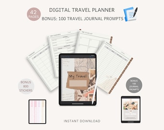 May include: Digital travel planner with 42 pages, 100 travel journal prompts, 800 stickers, and an instant download option. The planner includes a trip overview, to-do list, and a section for journaling.