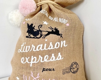 SANTA (JUTE ou COTON) Hotte du Père Noël personnalisée France