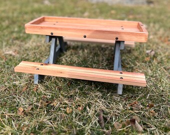 Rustic Chicinic Table- Ground Bird Feeder- Chicken Feeder- Chicken Picnic Table- Handmade Cedar Squirrel feeder Table- Bunny feeder