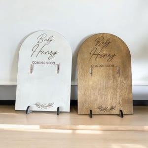 Personalized Pregnancy Announcement Photo Stand: Engraved Wooden Arch