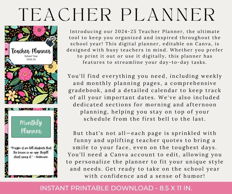 EDITABLE Teacher Planner Floral Design Canva PDF Lesson Planner Class ...