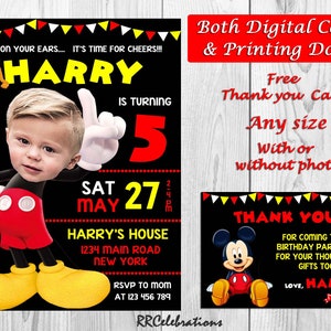 Mickey Mouse Birthday Photo Invitation Mickey Party Invites Mickey Birthday Printed Invitation Free Thank you Card-FINAL COPY WITHIN 24HRS