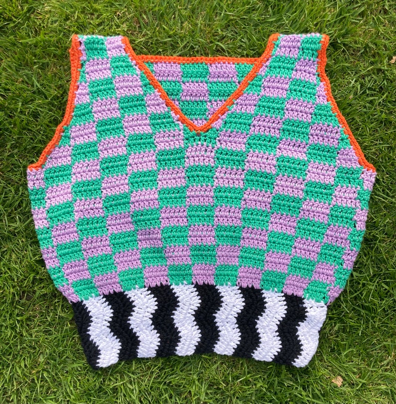 Checks and stripes handmade crochet cropped sweater vest M - Purple and Green