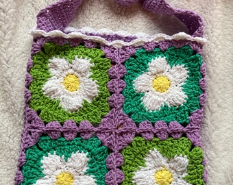 Crochet daisy granny square tote shoulder bag in spring greens and lavender purple