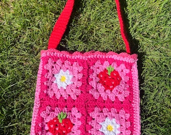 Strawberry Blossom crochet shoulder tote bag