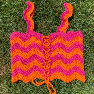 Electric Feel handmade crochet crop top in ripple zigzag stripes with corset fastening image 6