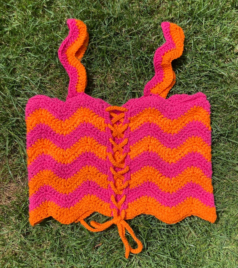 Electric Feel handmade crochet crop top in ripple zigzag stripes with corset fastening image 6