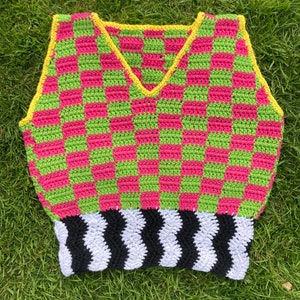 Checks and stripes handmade crochet cropped sweater vest S - Pink and Green