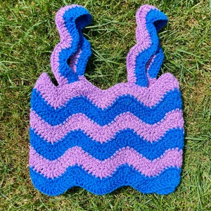 Electric Feel handmade crochet crop top in ripple zigzag stripes with corset fastening S - Blue and Purple