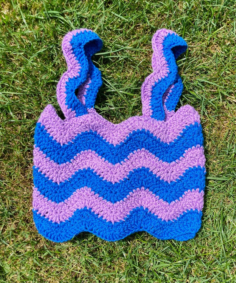 Electric Feel handmade crochet crop top in ripple zigzag stripes with corset fastening S - Blue and Purple